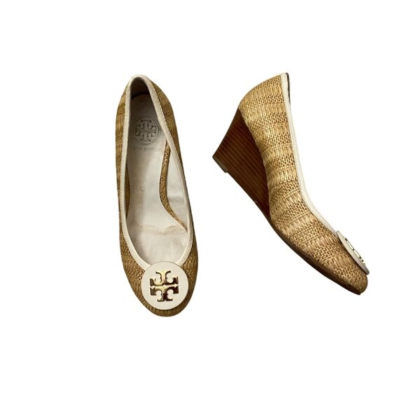 Tory Burch Sally Raffia Straw Pumps Wedge Sole Logo Women's 7.5M Beige - Picture 4 of 10
